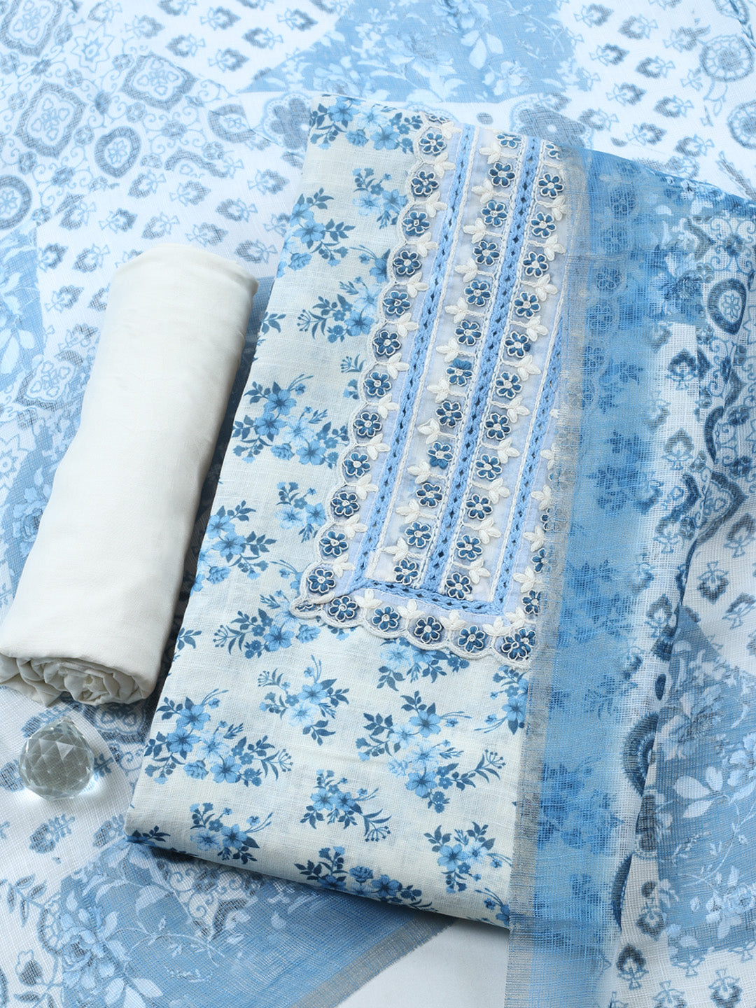 Printed Linen Blend Unstitched Suit With Pant &amp; Dupatta