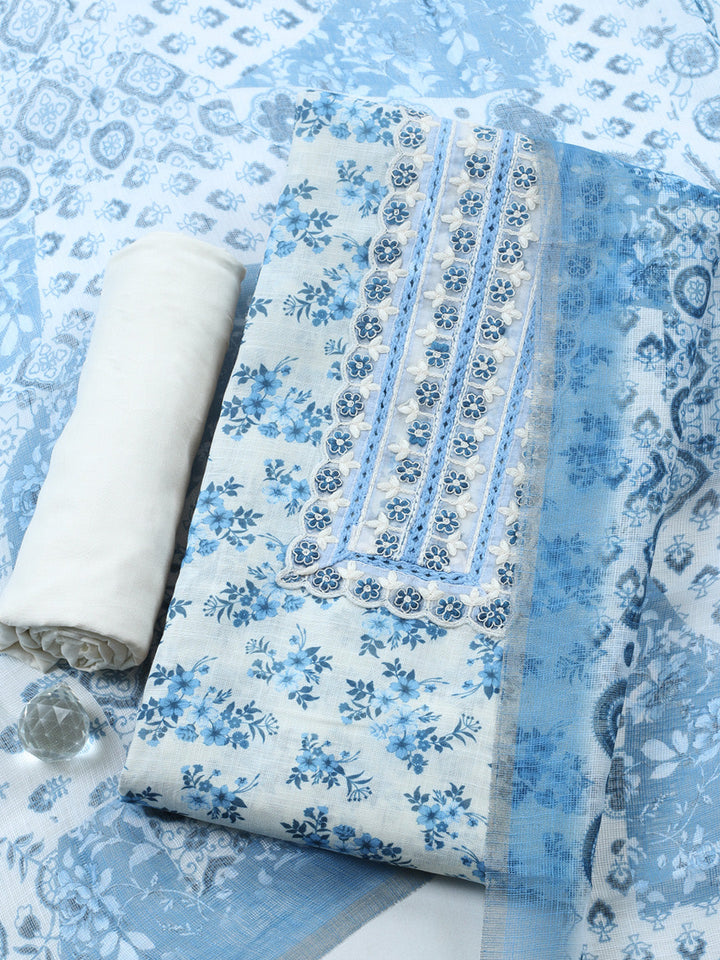 Printed Linen Blend Unstitched Suit With Pant &amp; Dupatta
