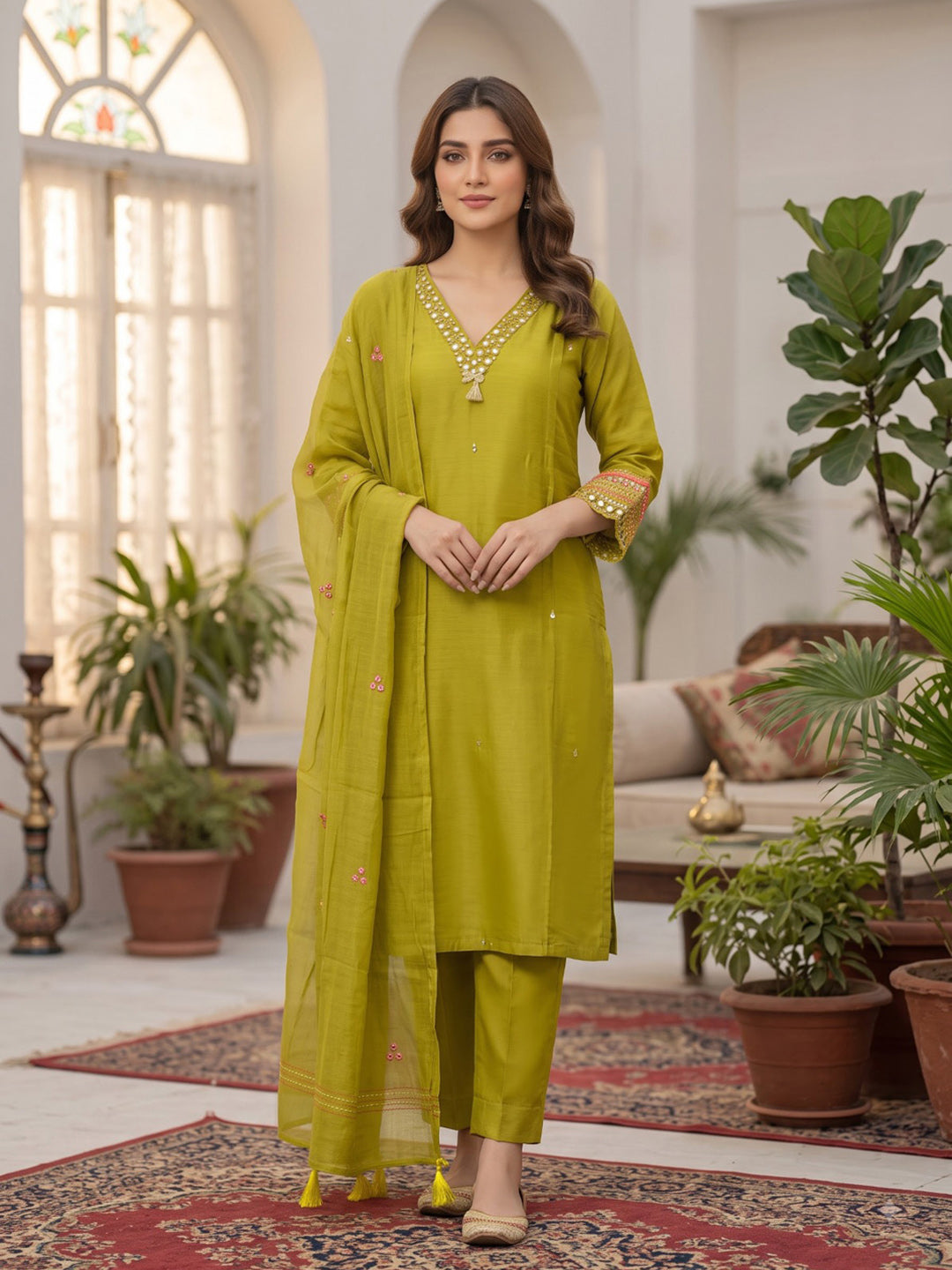 Mustard Embroidred Chanderi Kurta With Pant &amp; Dupatta