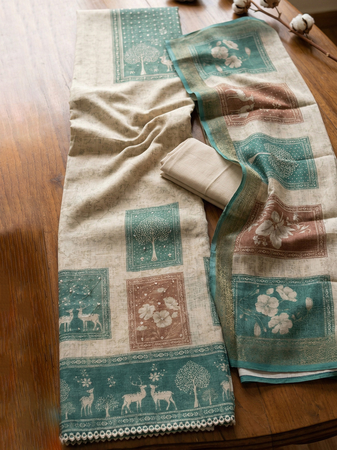 Printed Linen Blend Unstitched Suit With Pant &amp; Dupatta