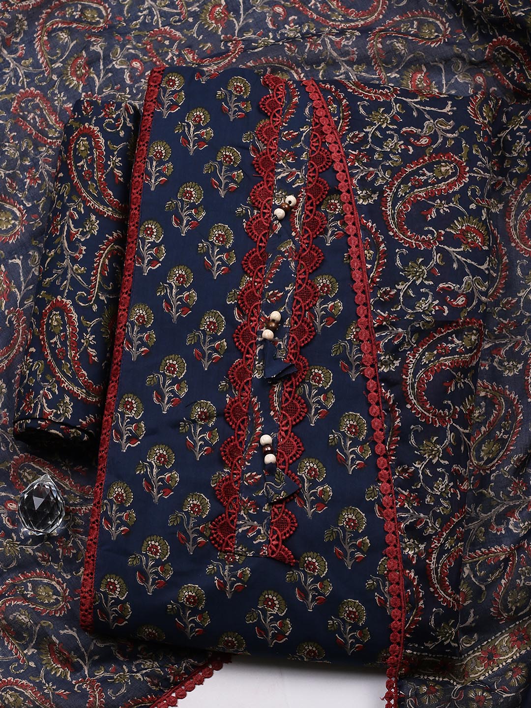 Embroidered Cotton Blend Unstitched Suit With Pant &amp; Dupatta