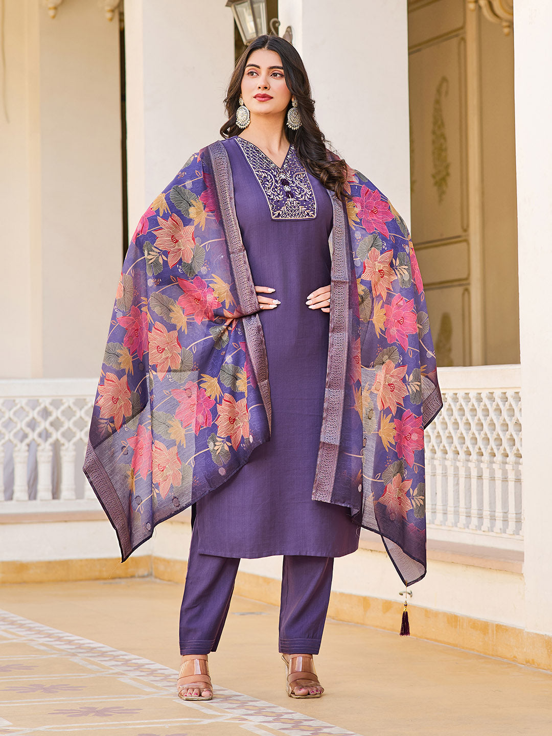 Neck Embroidery Cotton Blend Kurta With Pants &amp; Dupatta