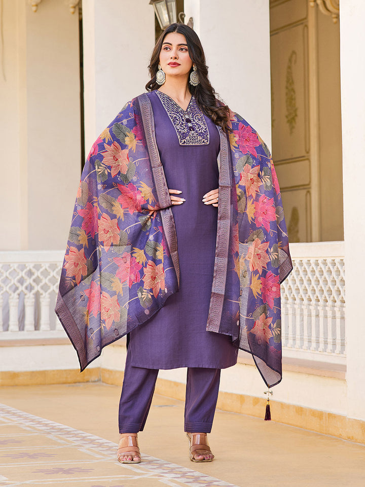 Neck Embroidery Cotton Blend Kurta With Pants &amp; Dupatta