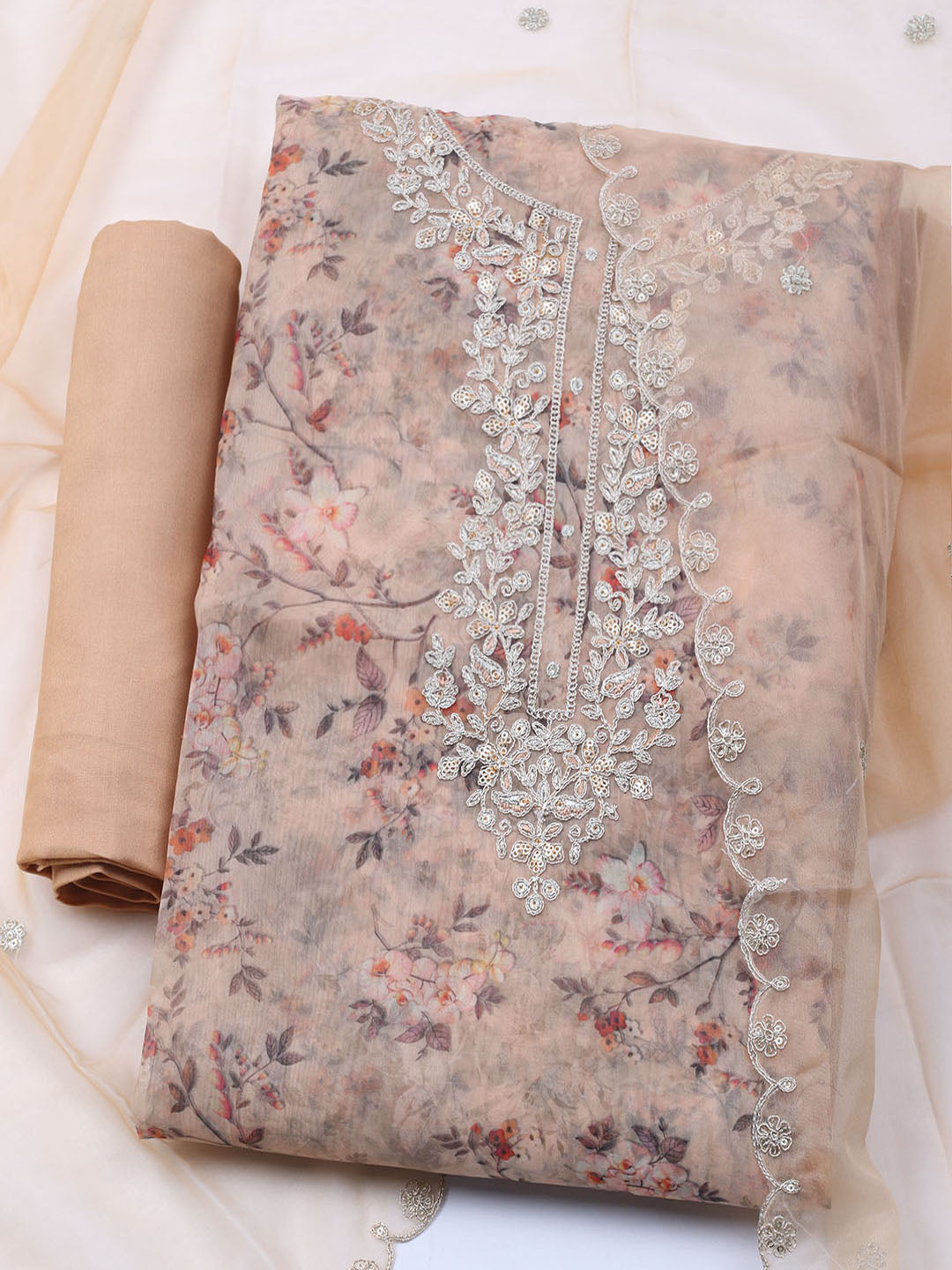 Neck Embroidered Organza Unstitched Suit With Dupatta