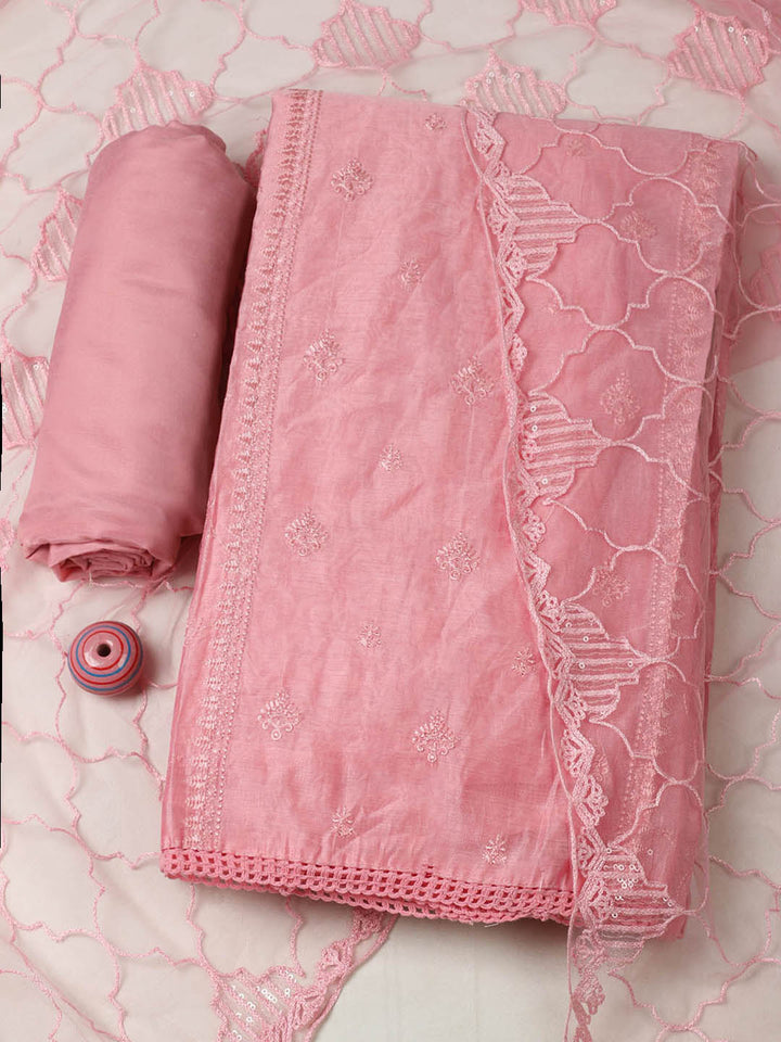 Embroidered Chanderi Unstitched Suit With Pant &amp; Dupatta