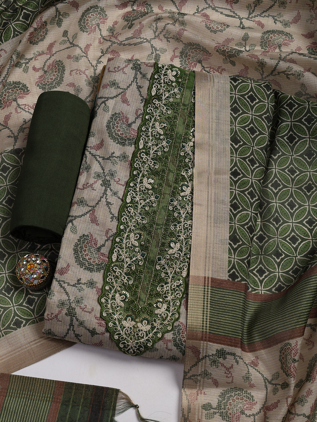 Embroidered Chanderi Unstitched Suit Piece With Dupatta