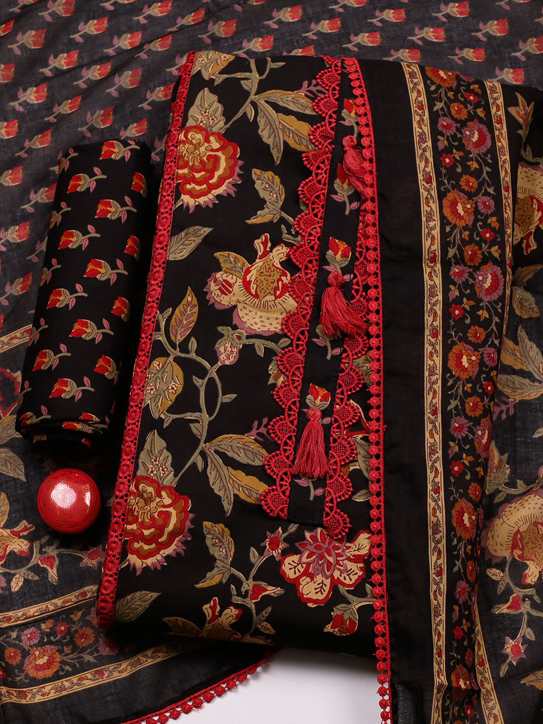 Embroidered Cotton Blend Unstitched Suit With Pant &amp; Dupatta