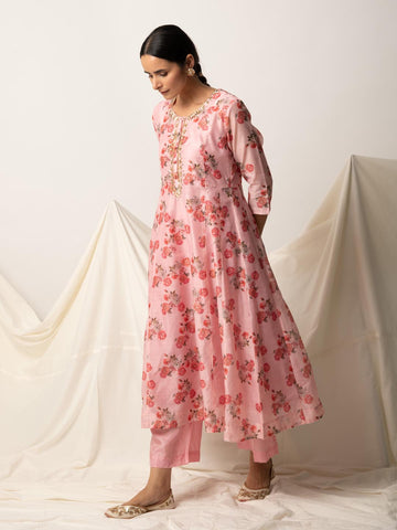 Floral Printed Chanderi Anarkali Kurta