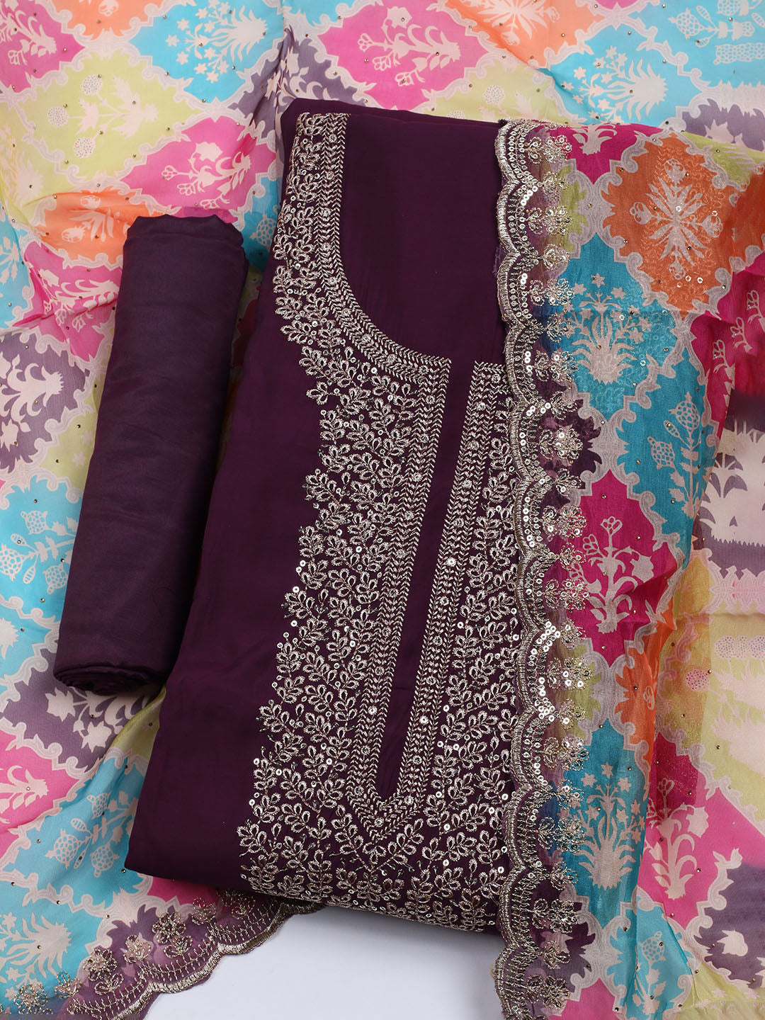 Neck Embroidered Chanderi Unstitched Suit With Dupatta