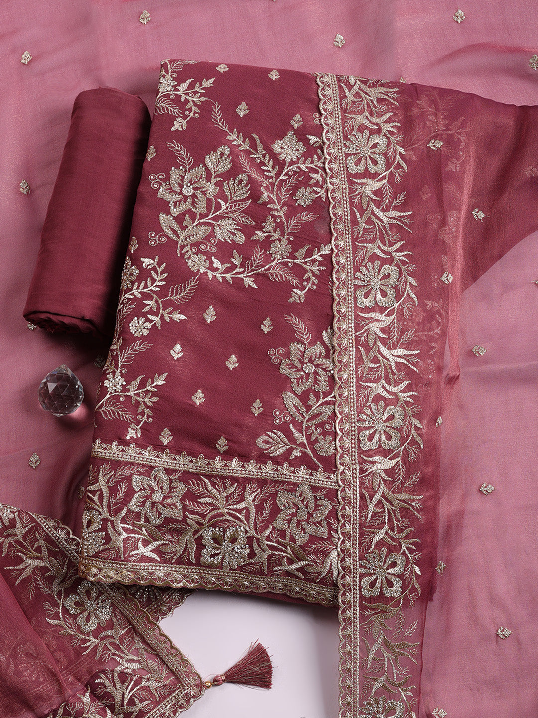 Embroidered Tissue Unstitched Suit With Pant &amp; Dupatta