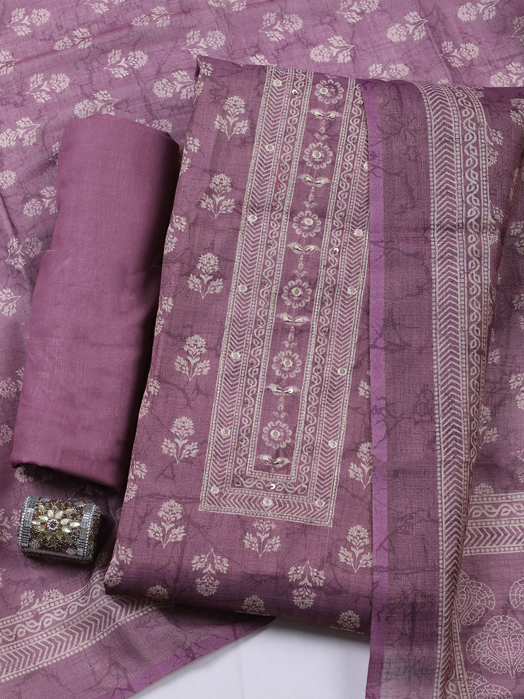 Embellished Tissue Unstitched Suit With Pant &amp; Dupatta