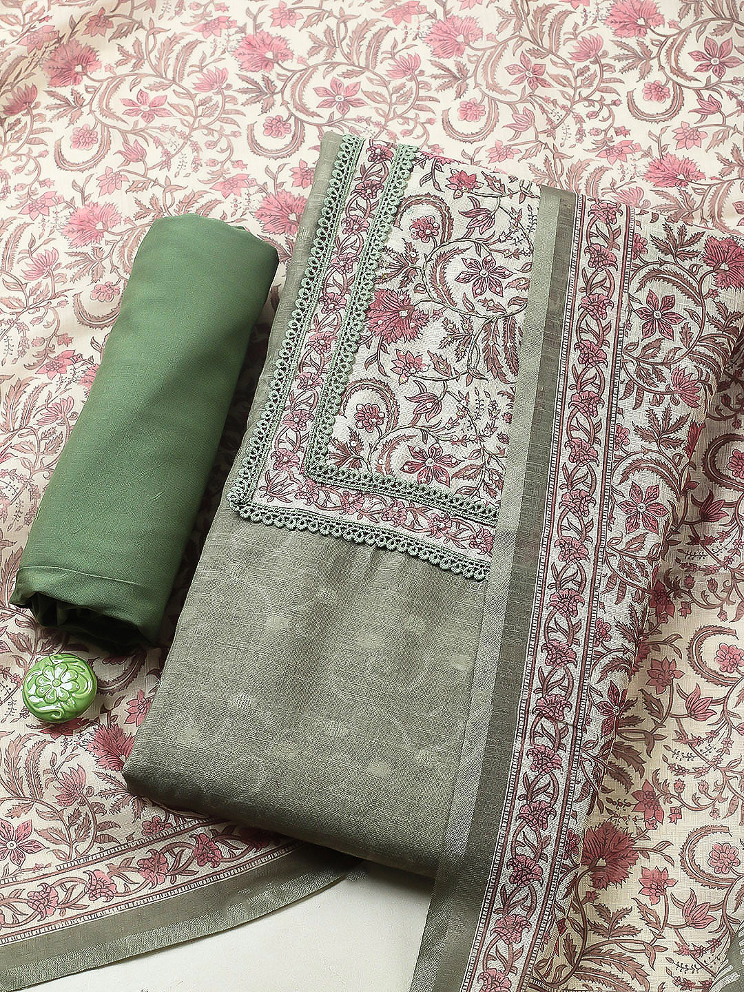 Embroidered Cotton Blend Unstitched Suit With Pant &amp; Dupatta
