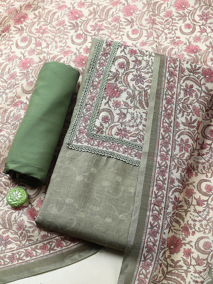 Embroidered Cotton Blend Unstitched Suit With Pant &amp; Dupatta