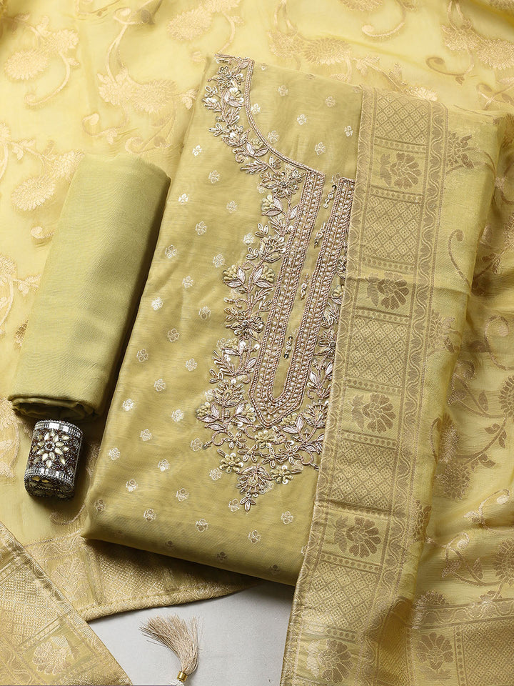 Embroidered Chanderi Unstitched Suit With Pant &amp; Dupatta