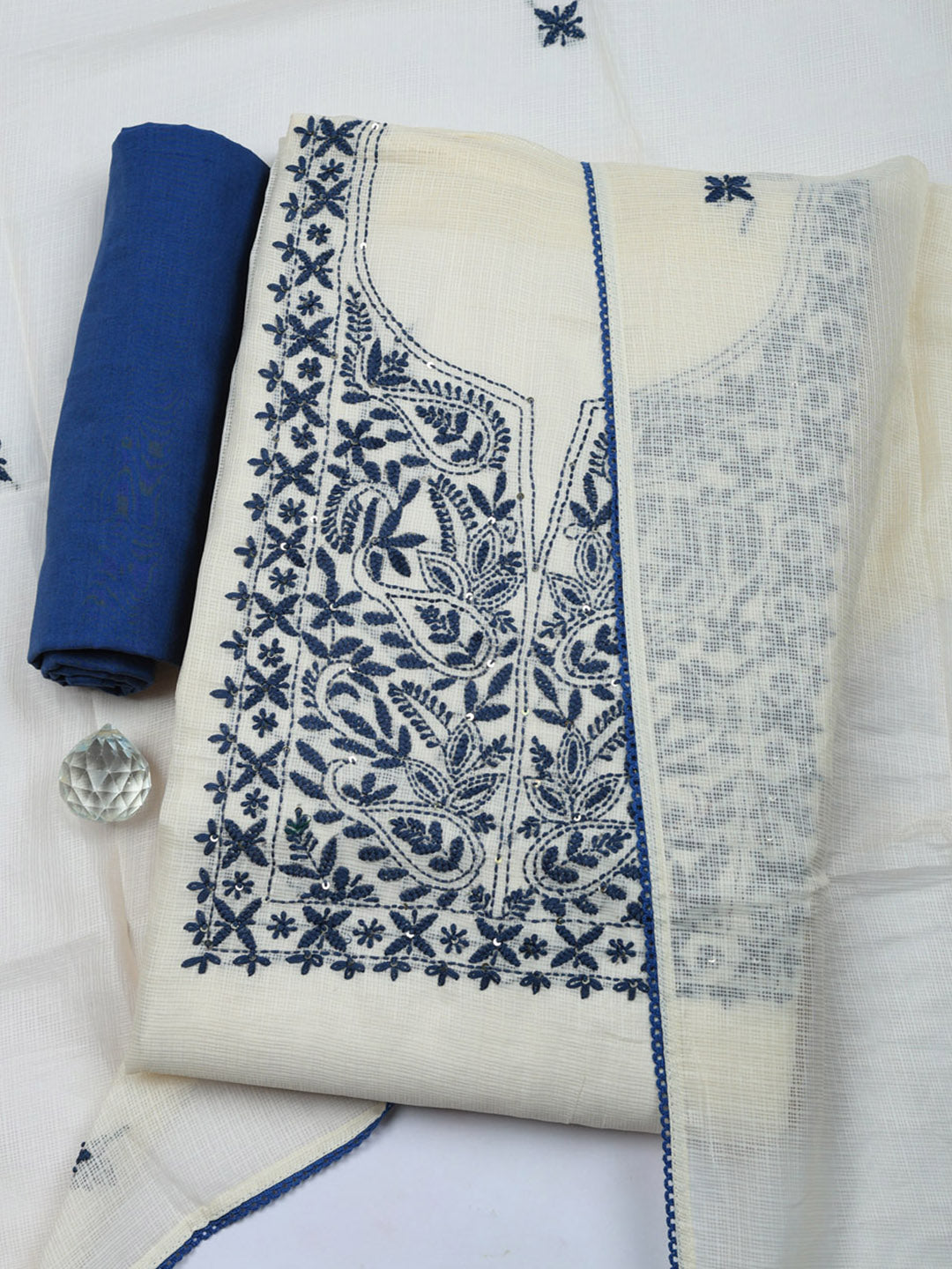Embroidered Cotton Blend Unstitched Suit With Pant &amp; Dupatta
