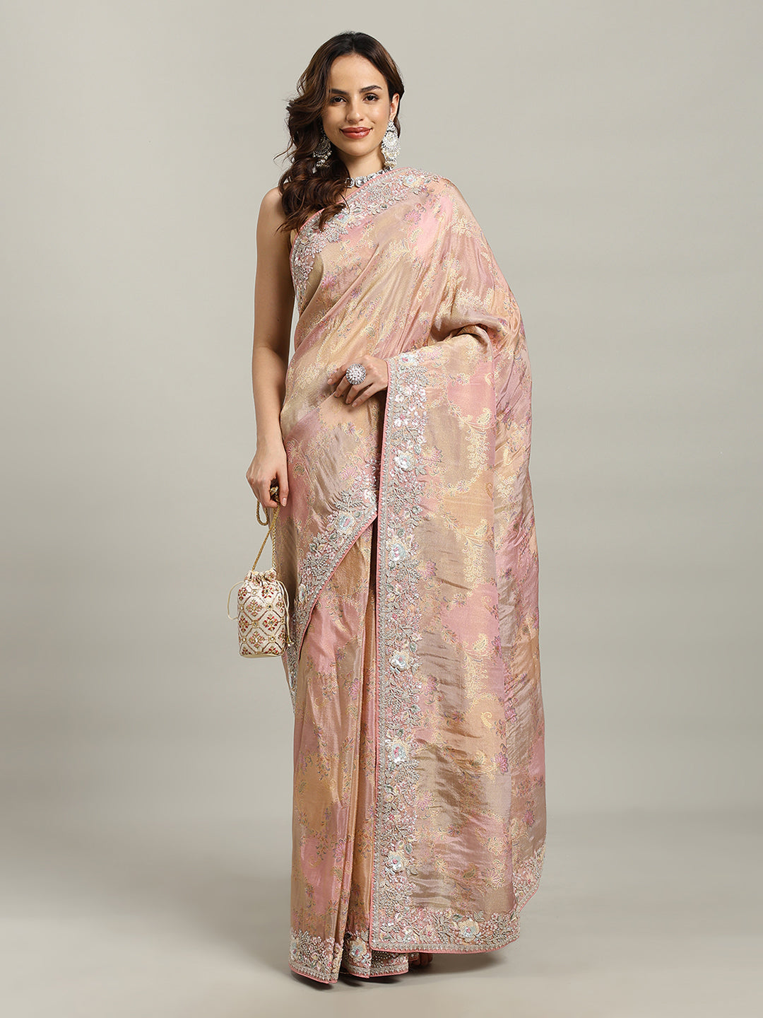 Sequin Embroidered Border Tissue Saree