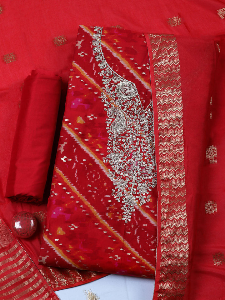 Embroidered Cotton Blend Unstitched Suit With Pant &amp; Dupatta