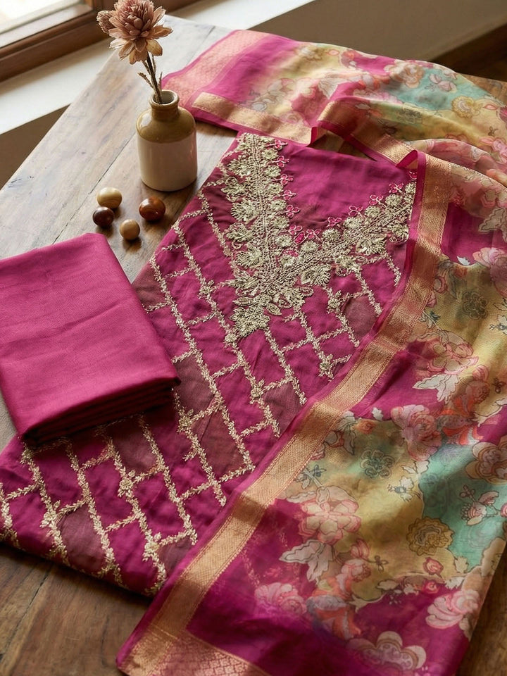 Embroidered Cotton Blend Unstitched Suit With Pant &amp; Dupatta