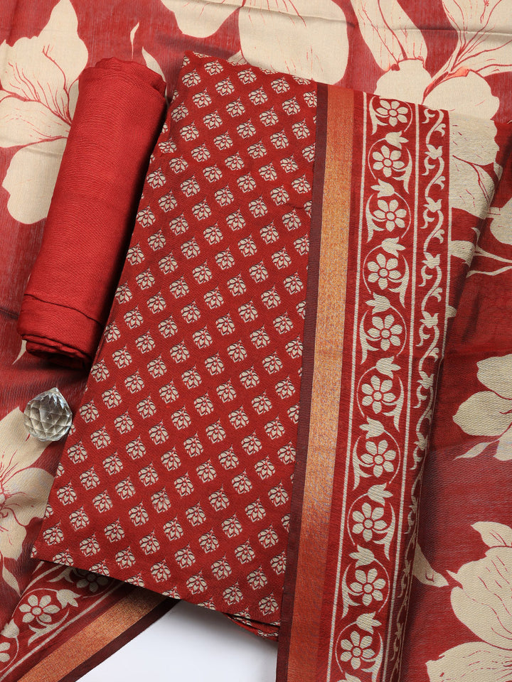 Printed Chanderi Unstitched Suit With Pant &amp; Dupatta