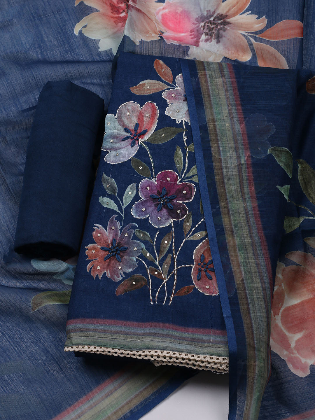 Printed Linen Unstitched Kurta With Pant &amp; Dupatta