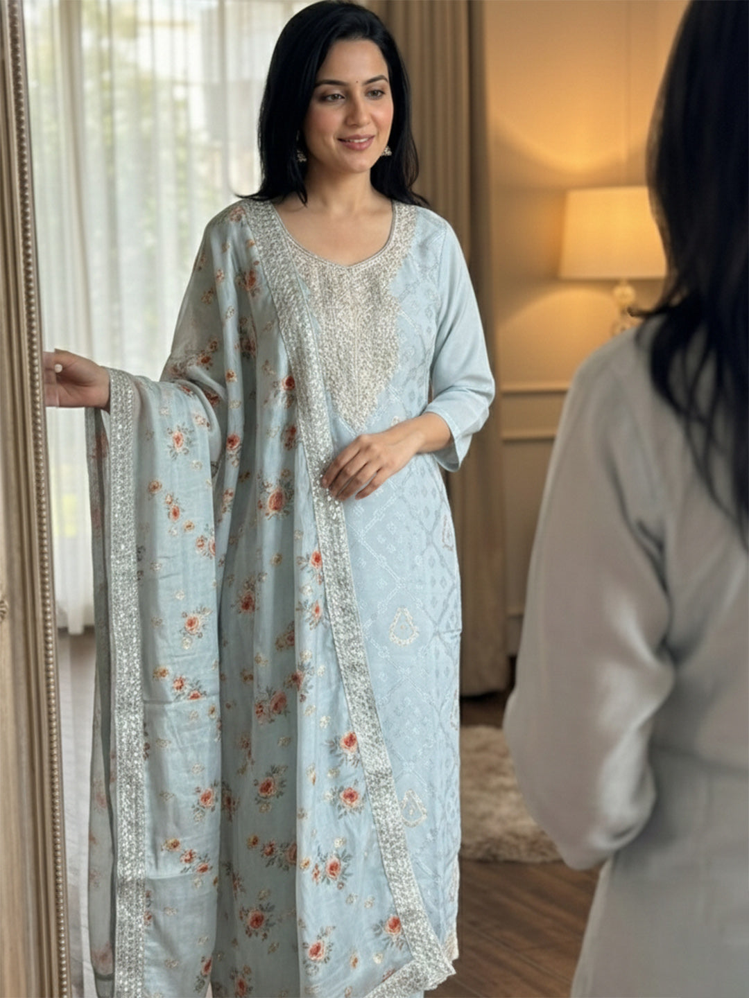 Embroidered Cotton Blend Kurta With Pant &amp; Dupatta