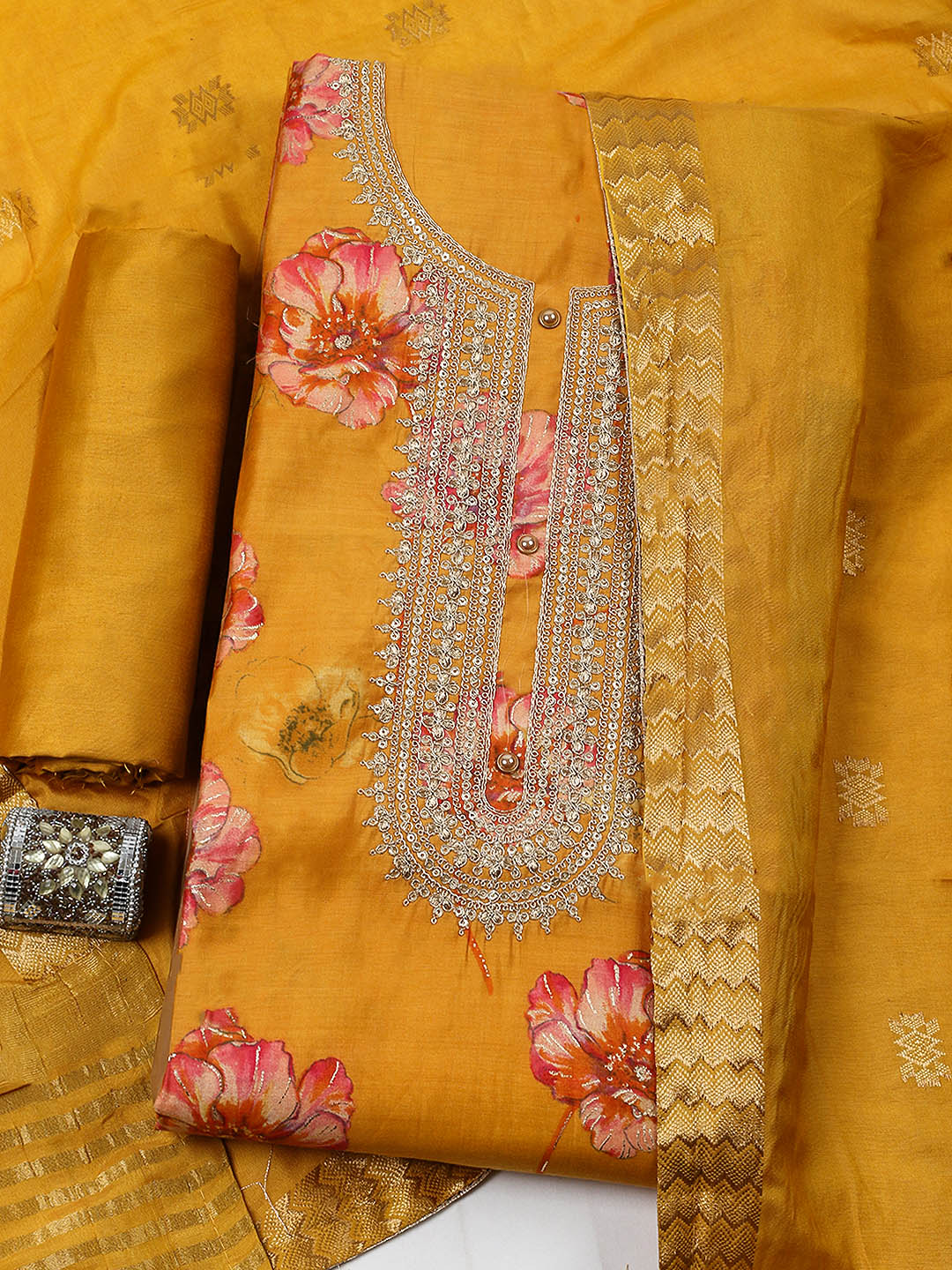 Embroidered Cotton Blend Unstitched Suit With Pant &amp; Dupatta