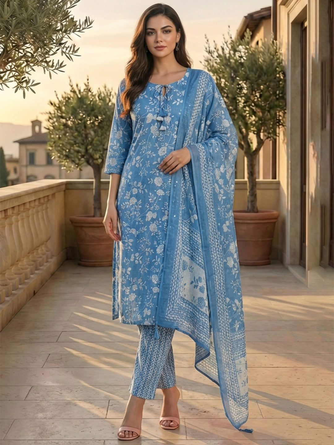 Printed Cotton Blend Kurta With Pant &amp; Dupatta