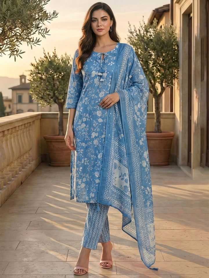Printed Cotton Blend Kurta With Pant &amp; Dupatta