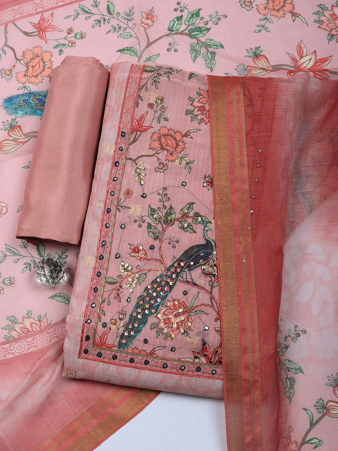 Embroidered Cotton Blend Unstitched Suit With Pant &amp; Dupatta