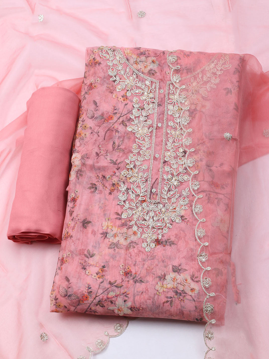 Neck Embroidered Organza Unstitched Suit With Dupatta