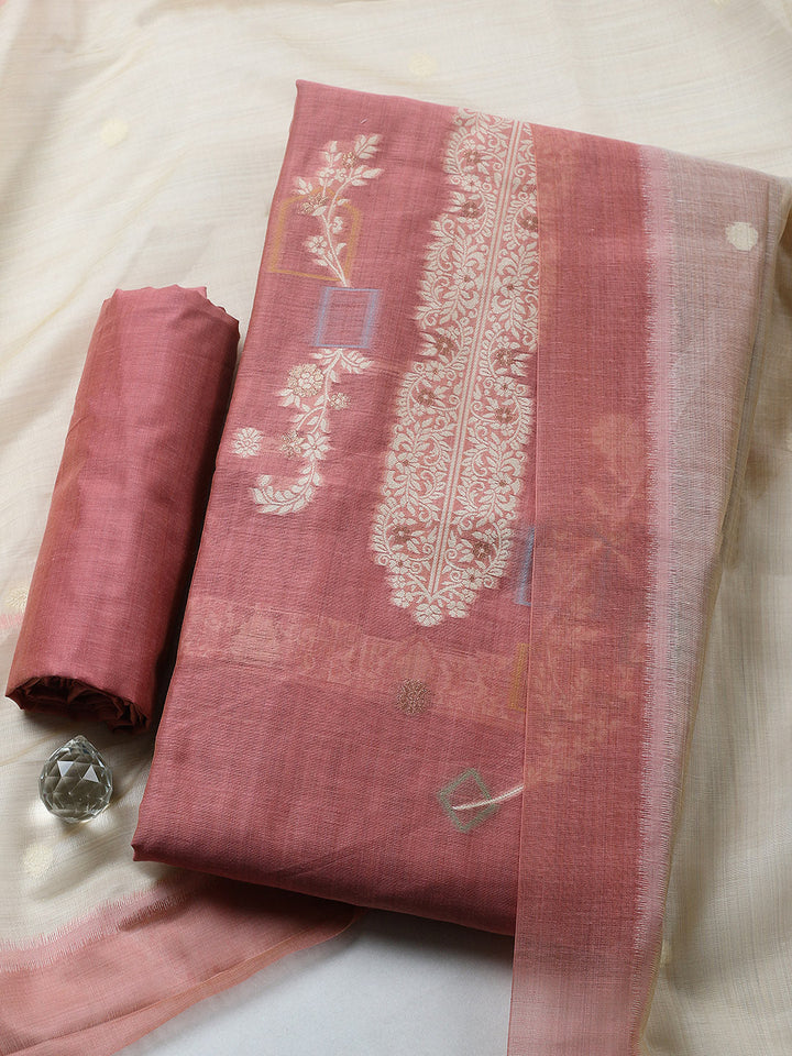 Printed Chanderi Unstitched Suit With Pant &amp; Dupatta