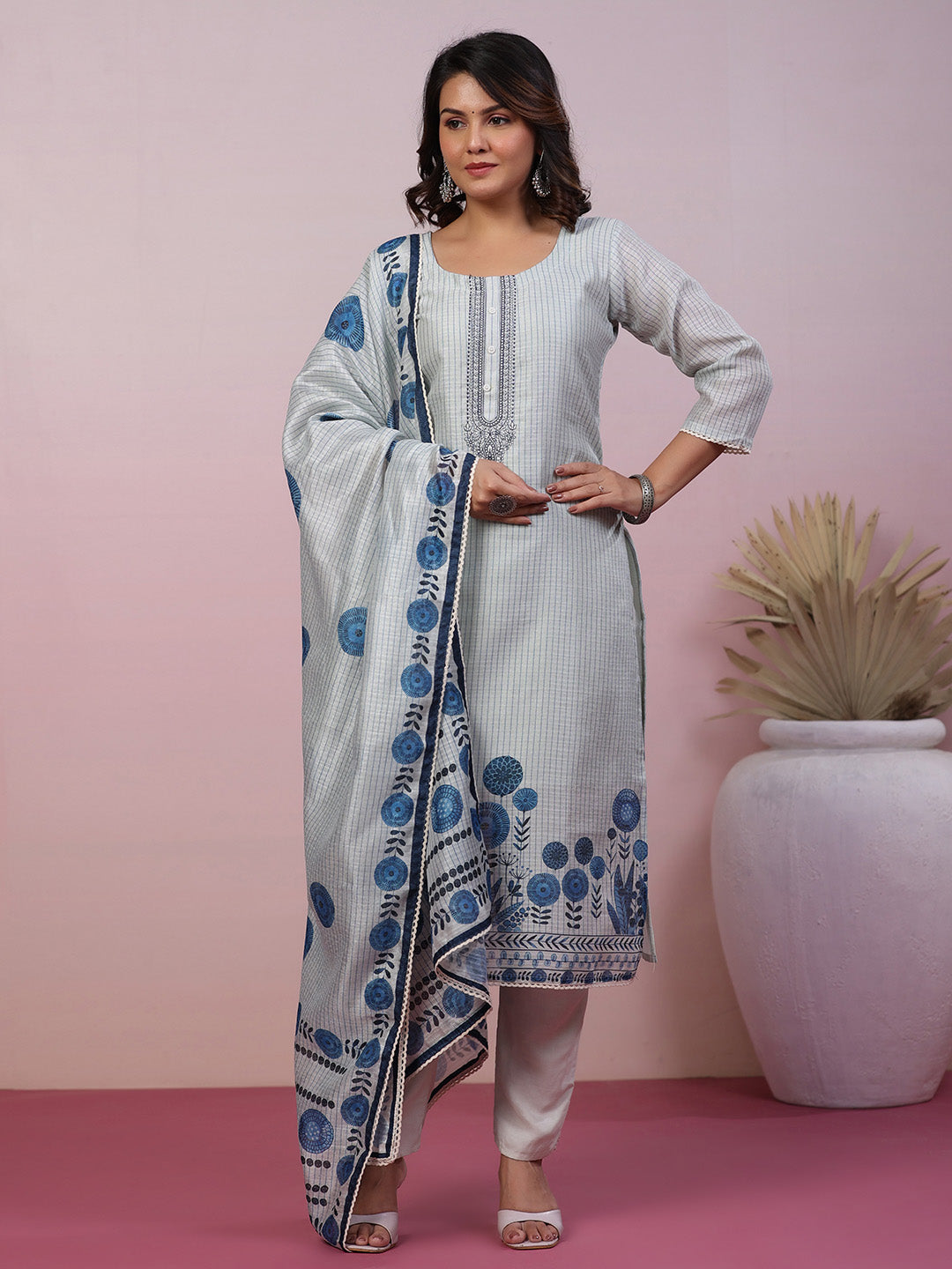 Neck Embroidery Art Tussar Kurta With Pants &amp; Dupatta