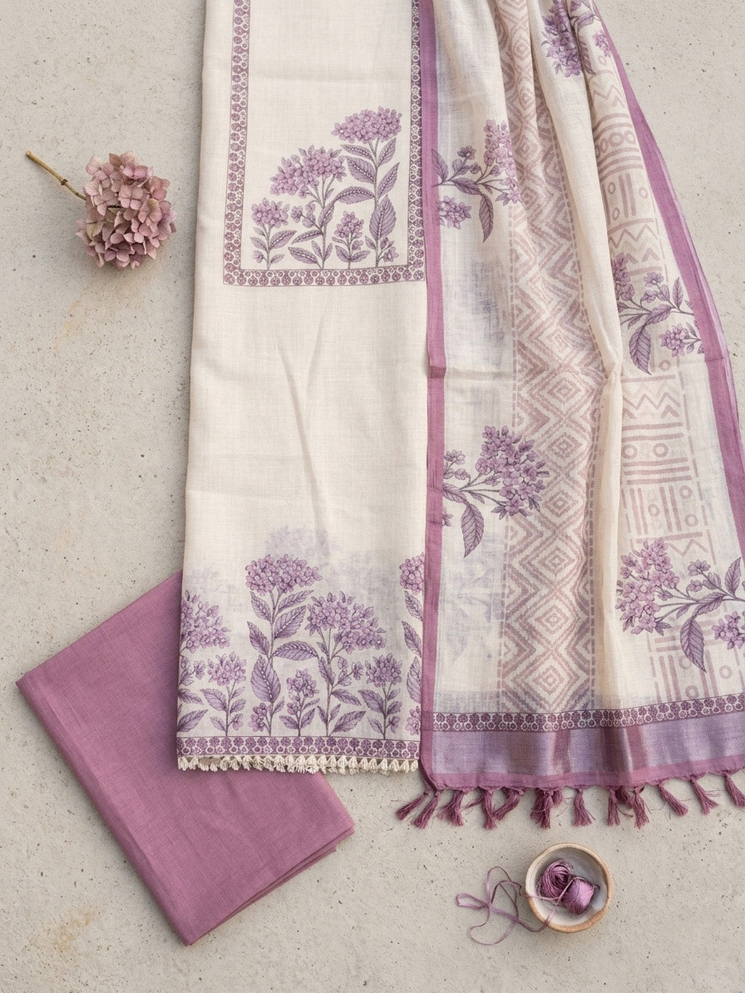 Embroidered Linen Blend Unstitched Suit With Pant &amp; Dupatta