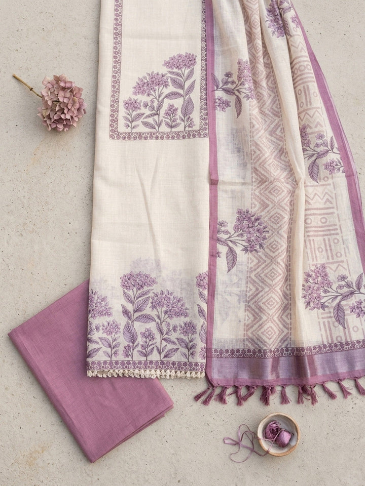 Embroidered Linen Blend Unstitched Suit With Pant &amp; Dupatta