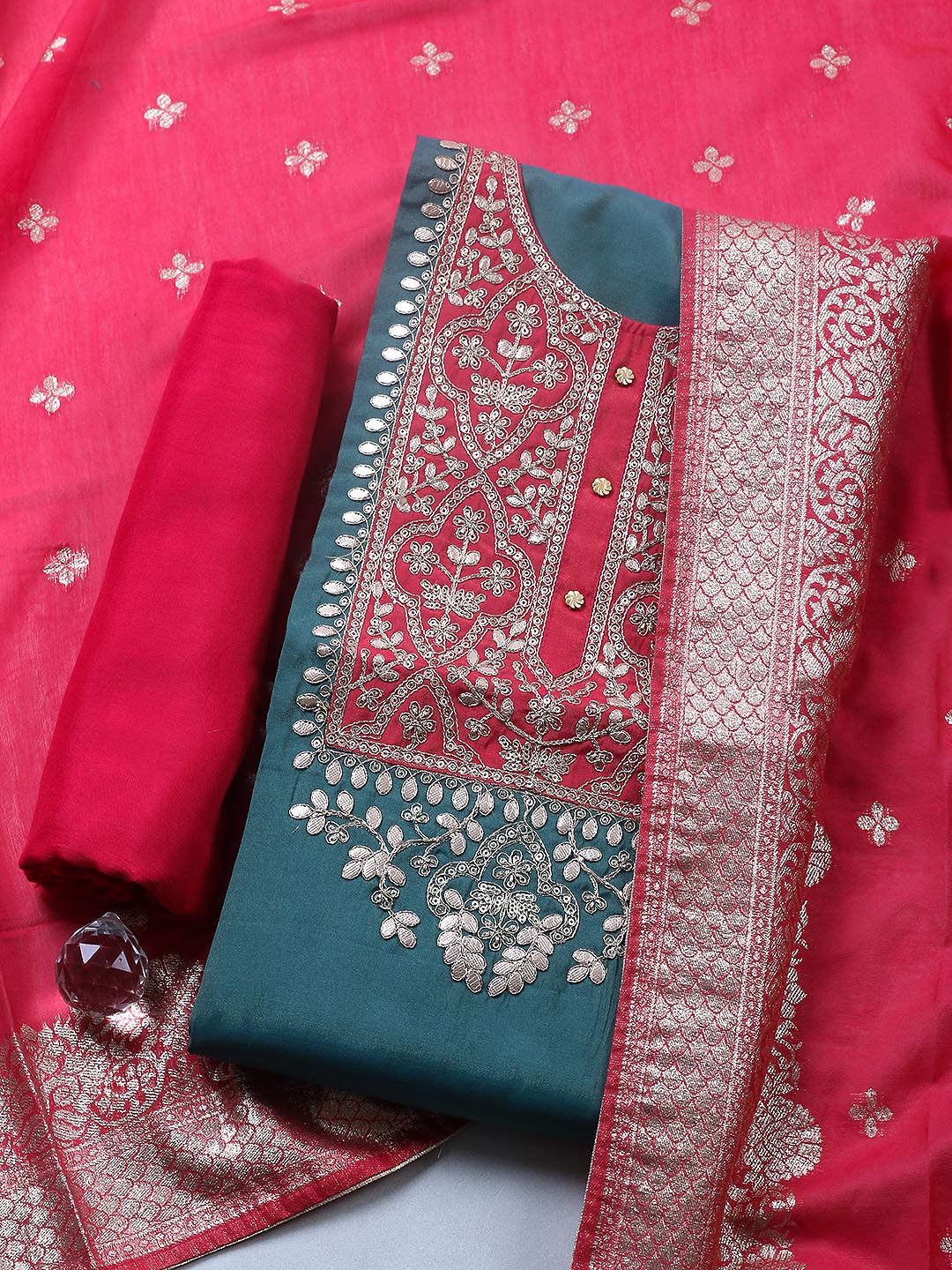 Embroidered Chanderi Unstitched Suit With Pant &amp; Dupatta