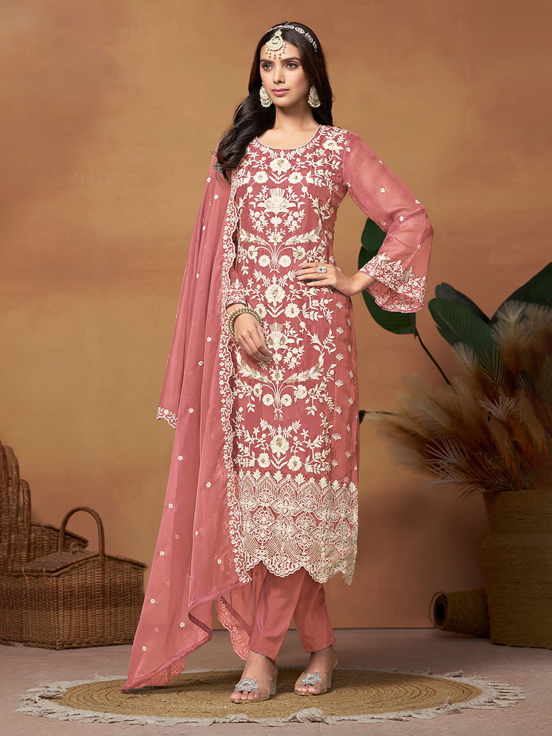 Embroidered Organza Semi Stitched Kurta With Pant &amp; Dupatta