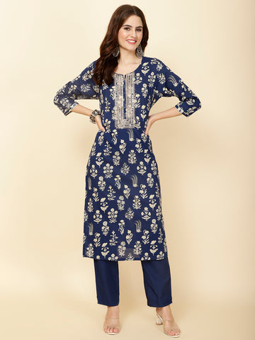 Neck Embroidery & Printed Cotton Kurta Set