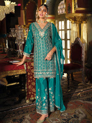 Embroidered Chinon Kurta With Plazzo & Dupatta