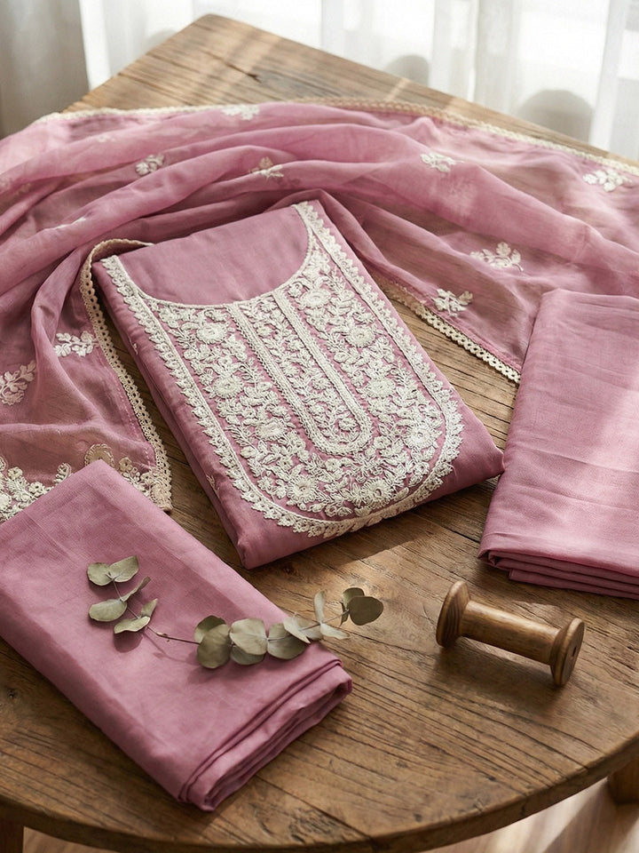 Embroidered Cotton Blend Unstitched Suit With Pant &amp; Dupatta