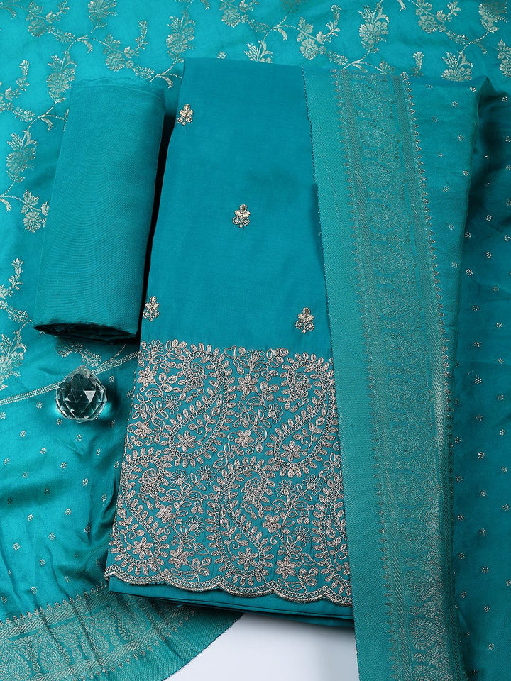 Embroidered Chanderi Unstitched Suit With Pant &amp; Dupatta