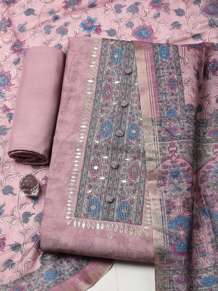 Embroidered Chanderi Unstitched Suit With Pant &amp; Dupatta