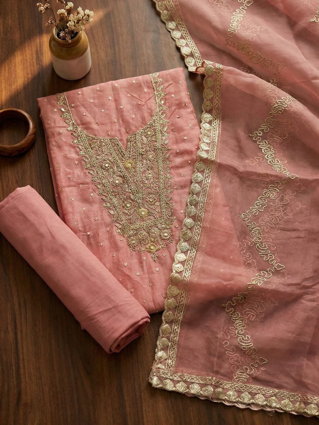 Embroidered Chanderi Unstitched Suit With Pant &amp; Dupatta