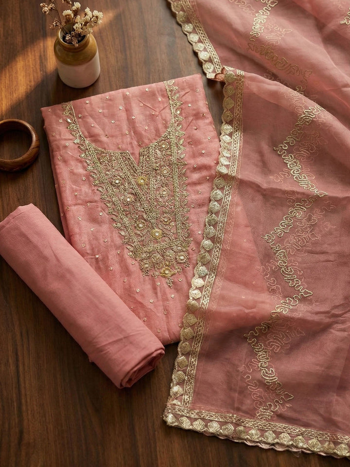 Embroidered Chanderi Unstitched Suit With Pant &amp; Dupatta