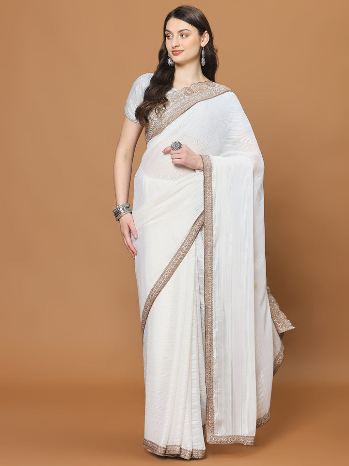 Plain Sequin Lace Border Chinon Saree