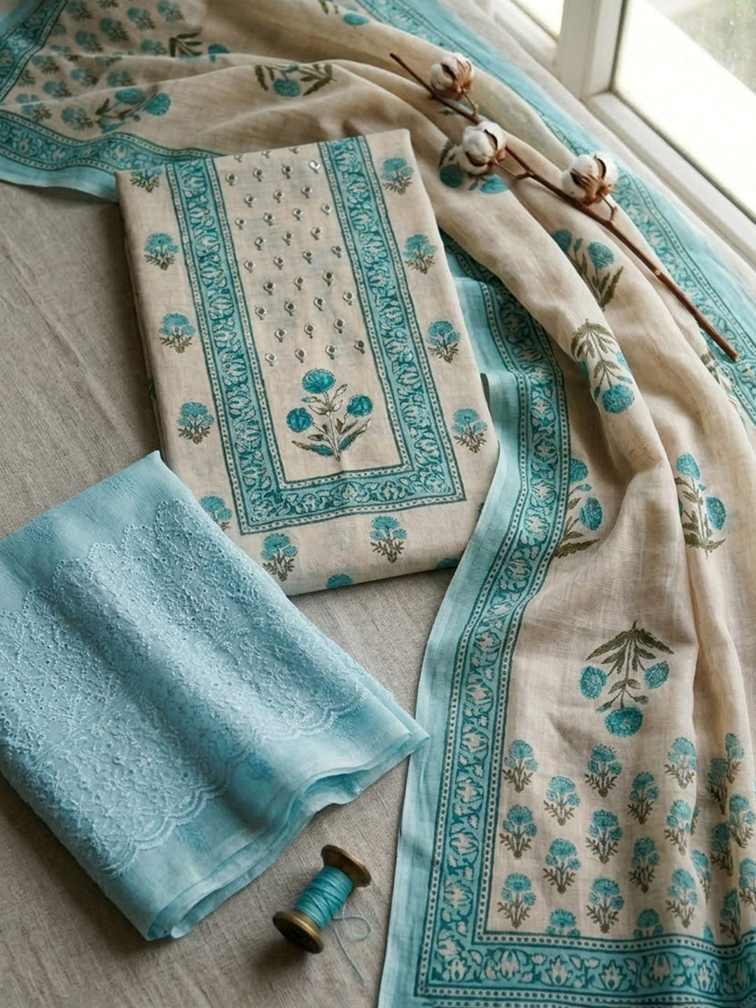 Printed Cotton Blend Unstitched Suit With Pant &amp; Dupatta