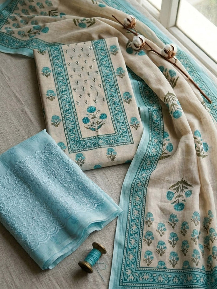 Printed Cotton Blend Unstitched Suit With Pant &amp; Dupatta