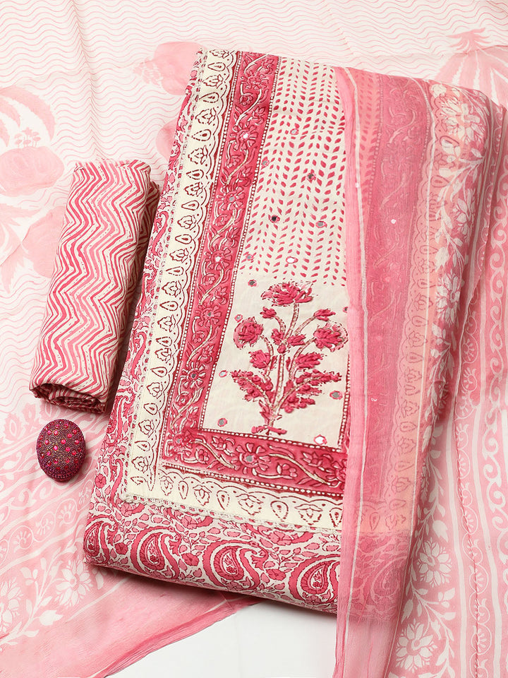 Printed Cotton Blend Unstitched Suit With Pant &amp; Dupatta