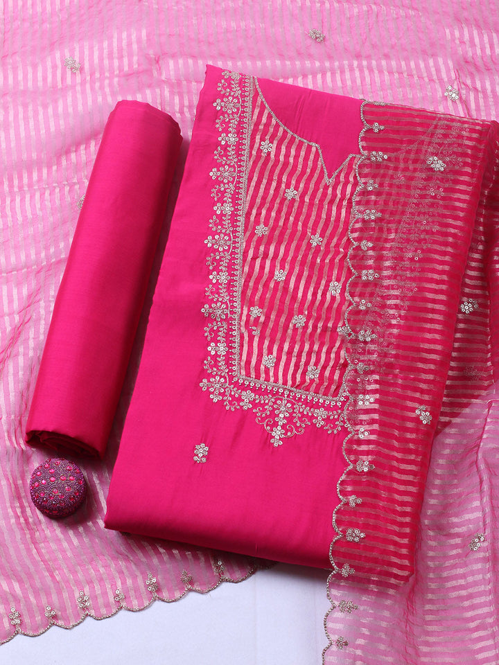Embroidered Chanderi Unstitched Suit With Pant &amp; Dupatta