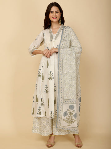 Block Printed Cotton Kurta With Palazzo & Dupatta