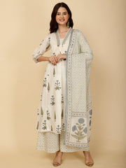 Block Printed Cotton Kurta With Palazzo & Dupatta